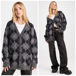 R13 Fluffy Plaid Oversized‎ Distressed Edge Cardigan Argyle Gray XS